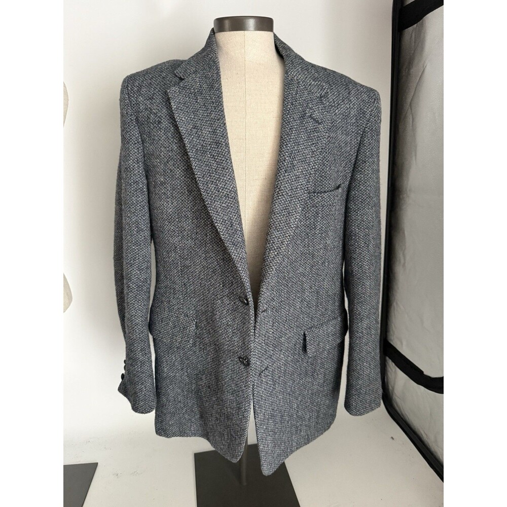 Harris Tweed Blazer 40R Blue Gray Houndstooth Wool Half Lined Sport Coat Jacket